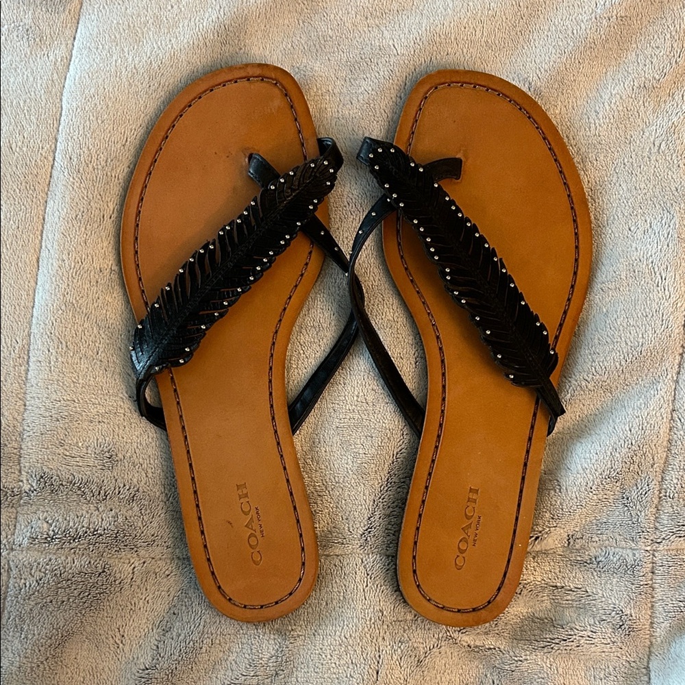 Coach Black and Tan Leather Sandals with Feather Shaped Strap